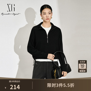 XG雪歌黑色拉链翻领长袖毛针织衫2025秋季新款短款直筒宽松毛衫女