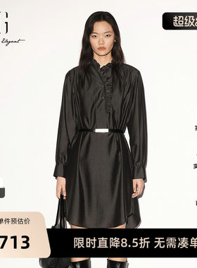 【单件立减】XG雪歌墨绿色花边立领长袖衬衫连衣裙2026秋季新款女