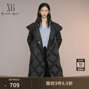 XG雪歌黑色中长款长袖羽绒服2025秋季新款加厚保暖连帽鸭绒外套女