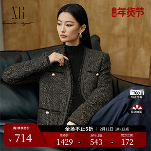 XG雪歌咖啡色绵羊毛毛呢外套2025冬季新款通勤V领设计长袖大衣女