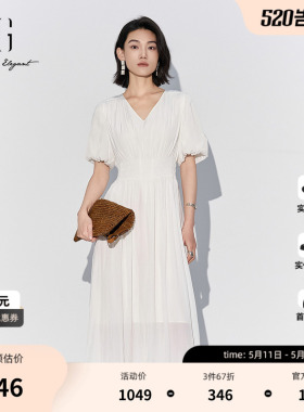 XG雪歌白色通勤中长款连衣裙2025夏季新款收腰设计短袖A字裙女装