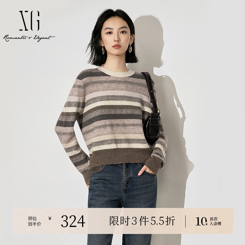 XG雪歌撞色条纹长袖毛针织衫2025冬季新款厚款羊驼毛套头毛衫女装