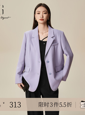 XG雪歌翻领设计长袖休闲西装时尚春季新款灰紫色通勤简约外套女装