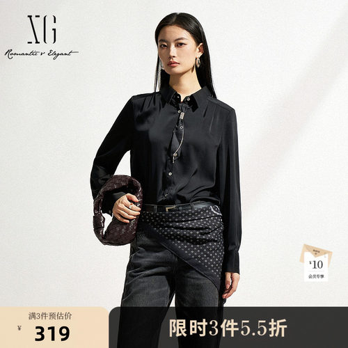 XG雪歌创意领带设计长袖衬衫2025春季新款黑色通勤翻领休闲上衣女