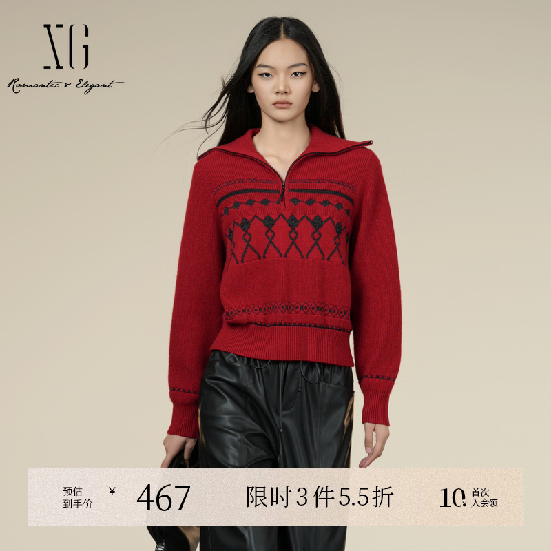 XG雪歌创意印花红色毛针织衫2025冬季新款厚款绵羊毛翻领毛衫女装