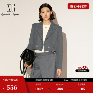 XG雪歌羊毛短西装2026春季新款双排扣正肩显瘦垫肩长袖短外套女装