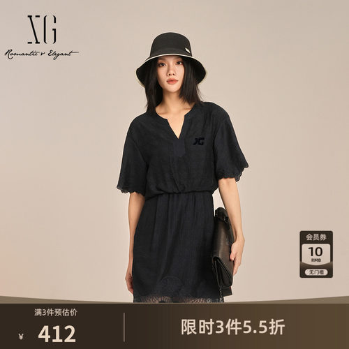 XG雪歌高腰短袖莱赛尔连衣裙2025夏季新款藏青色通勤荷叶边裙女装