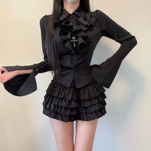 蓬蓬蛋糕短裙套装 IQCQ气球熊春季 黑色衬衫 设计感宫廷风泡泡袖 新款