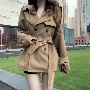 iqcq气球熊韩系卡其色风衣女秋季新款双排扣收腰显瘦气质短款外套