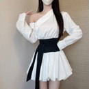 iqcq气球熊韩系辣妹斜肩长袖 上衣女拼接绑带收腰设计感蓬蓬连衣裙