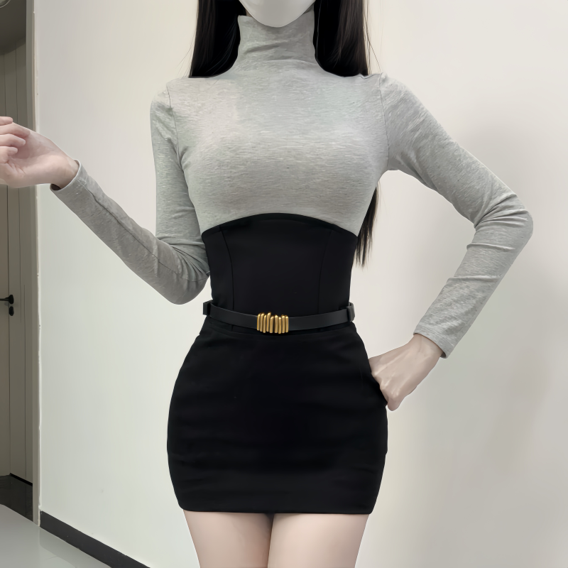 纯欲高领打底衫掐腰包臀裙套装