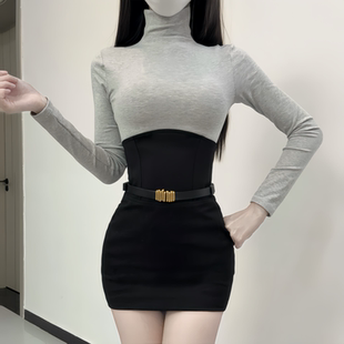 iqcq气球熊韩系纯欲风早春内搭高领打底衫 上衣掐腰显瘦包臀短裙女