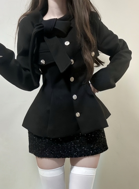 iqcq气球熊法式气质黑色小香风绑带蝴蝶结收腰毛呢外套亮片包臀裙