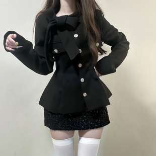 iqcq气球熊法式气质黑色小香风绑带蝴蝶结收腰毛呢外套亮片包臀裙