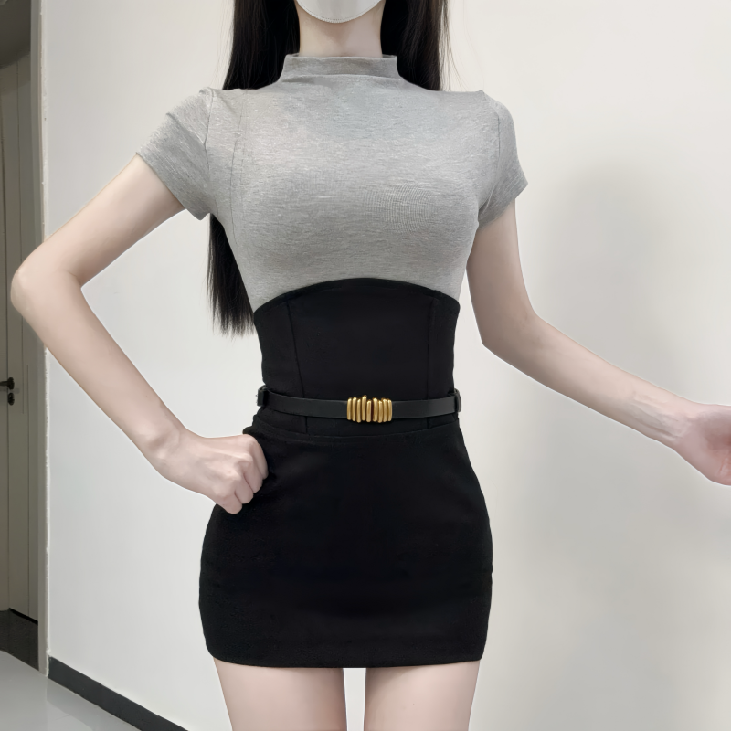 iqcq气球熊韩系纯欲风夏季内搭高领打底衫上衣掐腰显瘦包臀短裙女