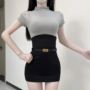 iqcq气球熊韩系纯欲风夏季内搭高领打底衫上衣掐腰显瘦包臀短裙女