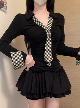 iqcq气球熊辣妹显瘦翻领纯欲风长袖上衣秋季高腰半身a字短裙套装