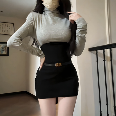 纯欲高领打底衫掐腰包臀裙套装