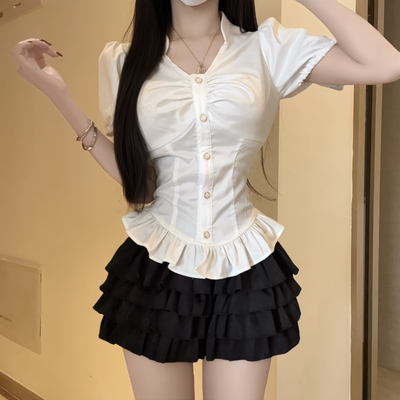 IQCQ夏季甜辣泡泡袖蛋糕裙套装