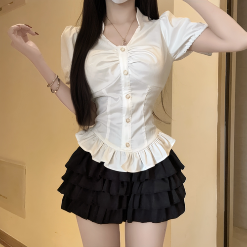 IQCQ夏季甜辣泡泡袖蛋糕裙套装
