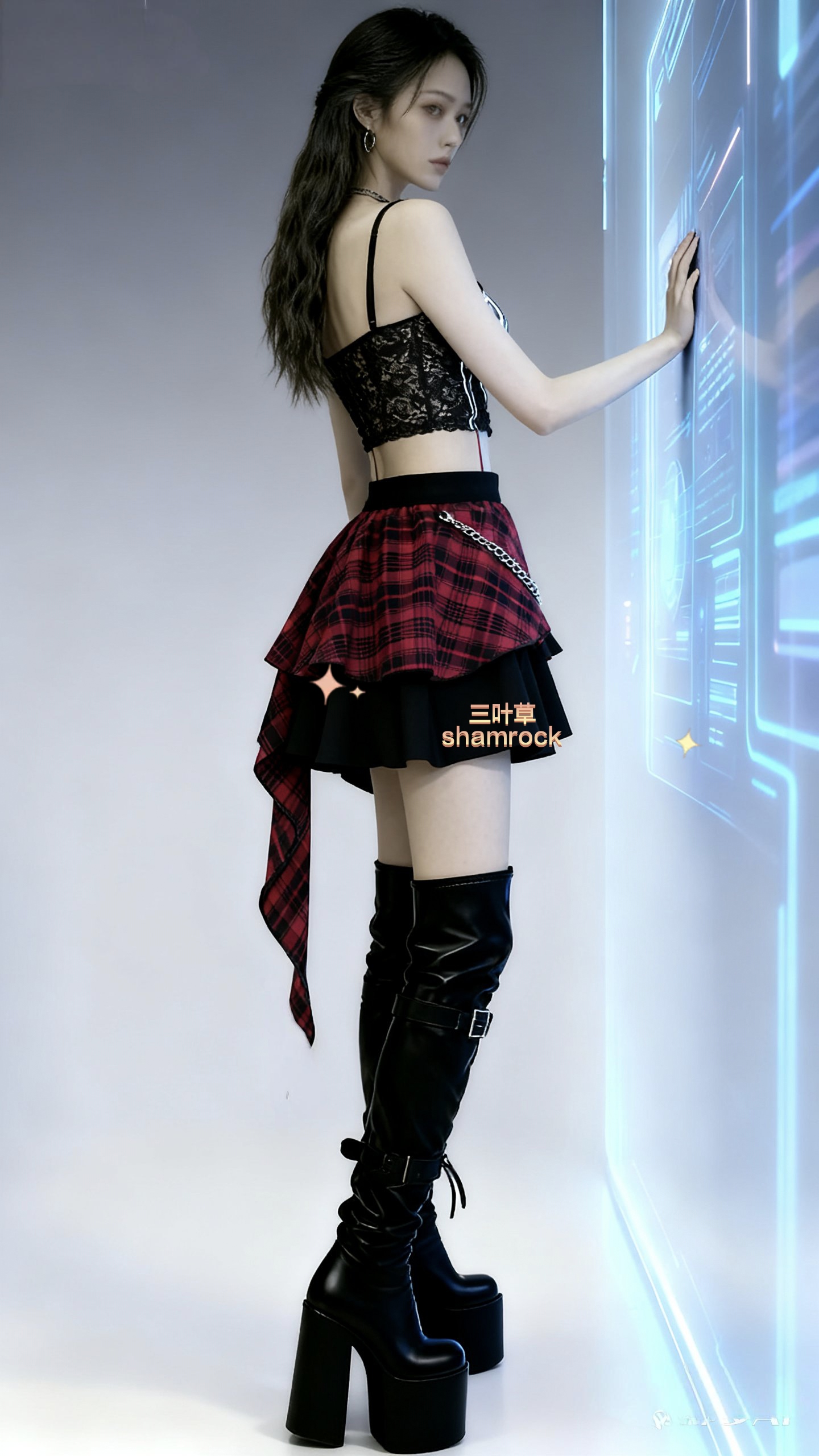 原创设计不规则朋克风辣妹格纹拼接显瘦亚文化链条哥特风半身裙女