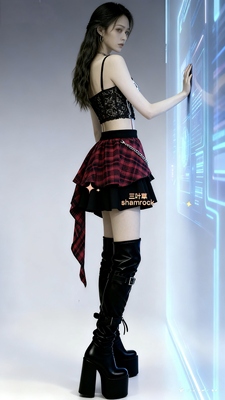 原创设计不规则朋克风辣妹格纹拼接显瘦亚文化链条哥特风半身裙女