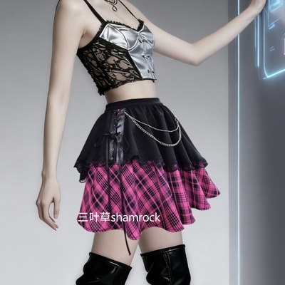 原创设计不规则朋克风辣妹格纹拼接显瘦亚文化蕾丝哥特风半身裙女