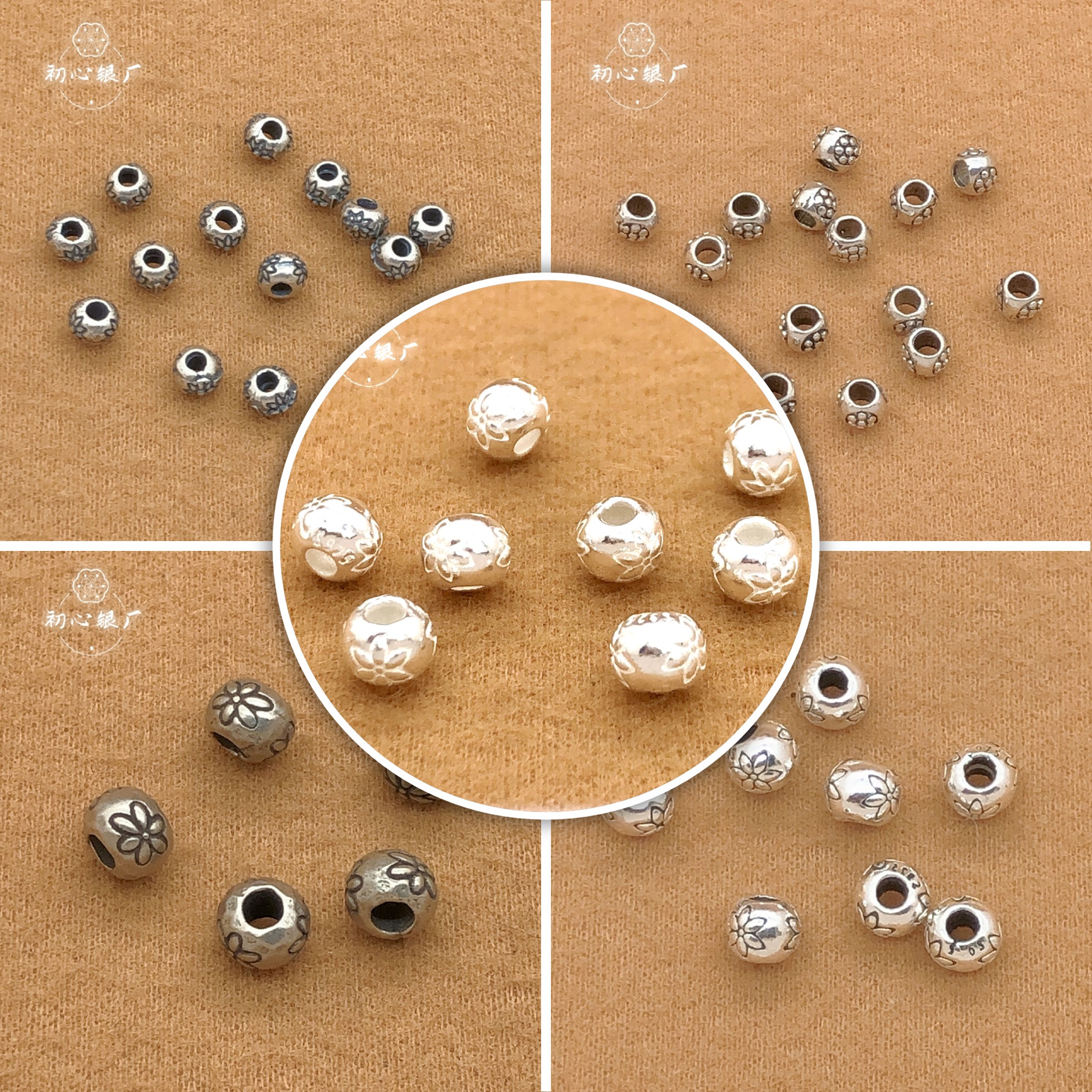 S925纯银泰银小花花纹隔珠手链项链散珠手工diy配件桶珠配饰饰品