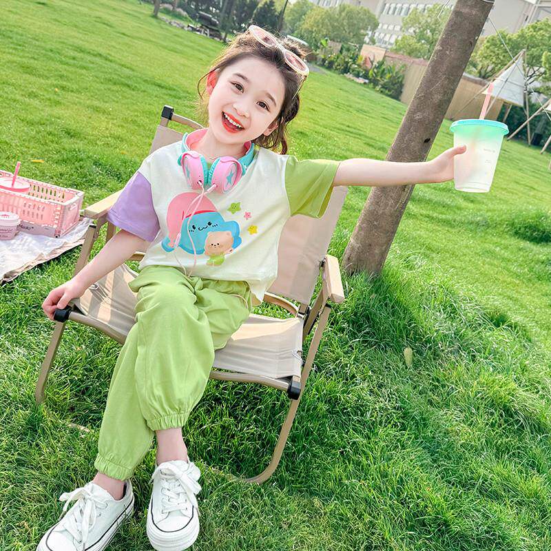法国MIWEIKE 女童夏季运动套装儿童装短袖时髦两件套宝宝纯棉衣服
