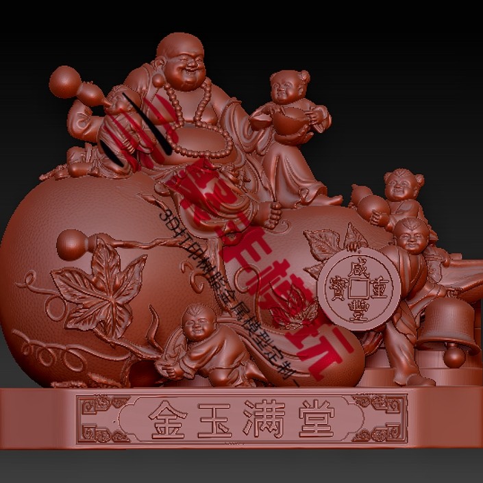 五子弥勒佛STL文件3D模型金玉满堂三维图纸STL数据雕刻cnc圆雕