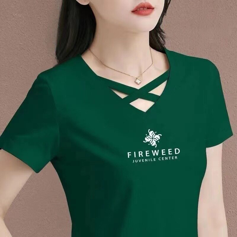 夏季短袖2024中年人宽松遮肚子运动新款V领交叉女士t恤纯棉上衣潮