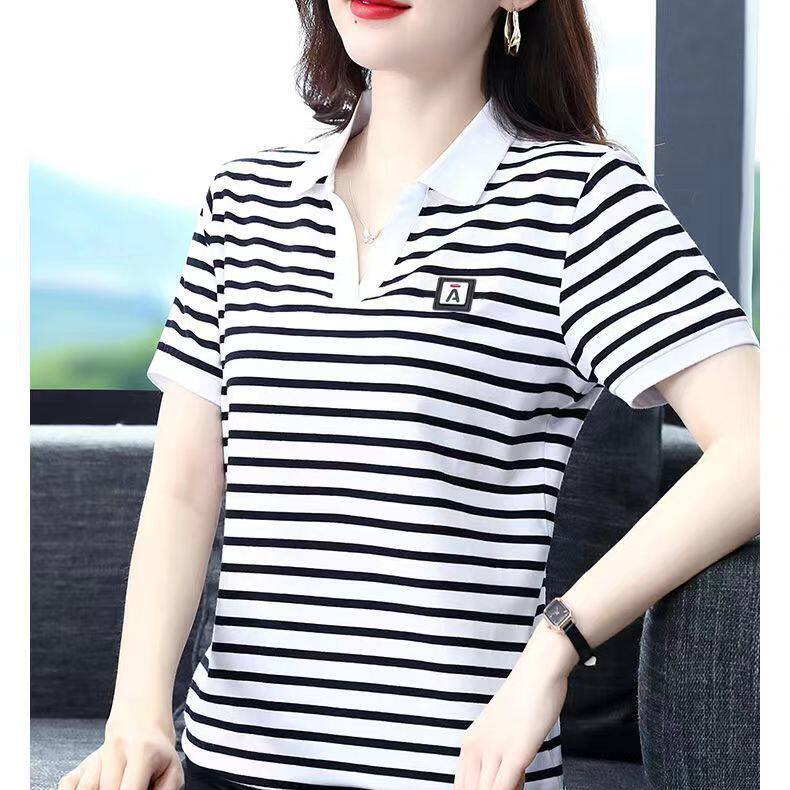 女士t恤短袖新款夏装条纹翻领中年妈妈polo衫宽松高档衬衫上衣潮T