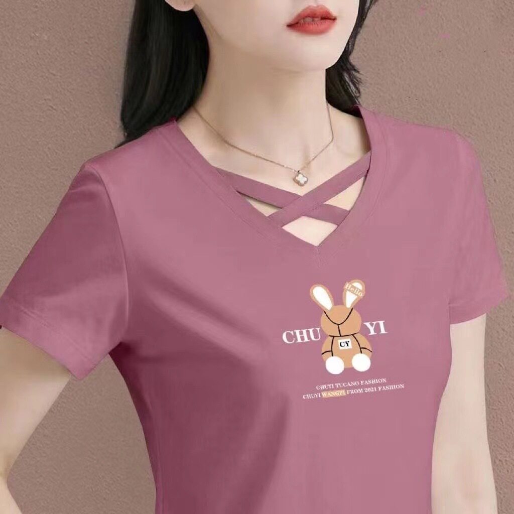 夏季新款V领交叉女士t恤纯棉短袖2024中年人宽松遮肚子运动上衣潮