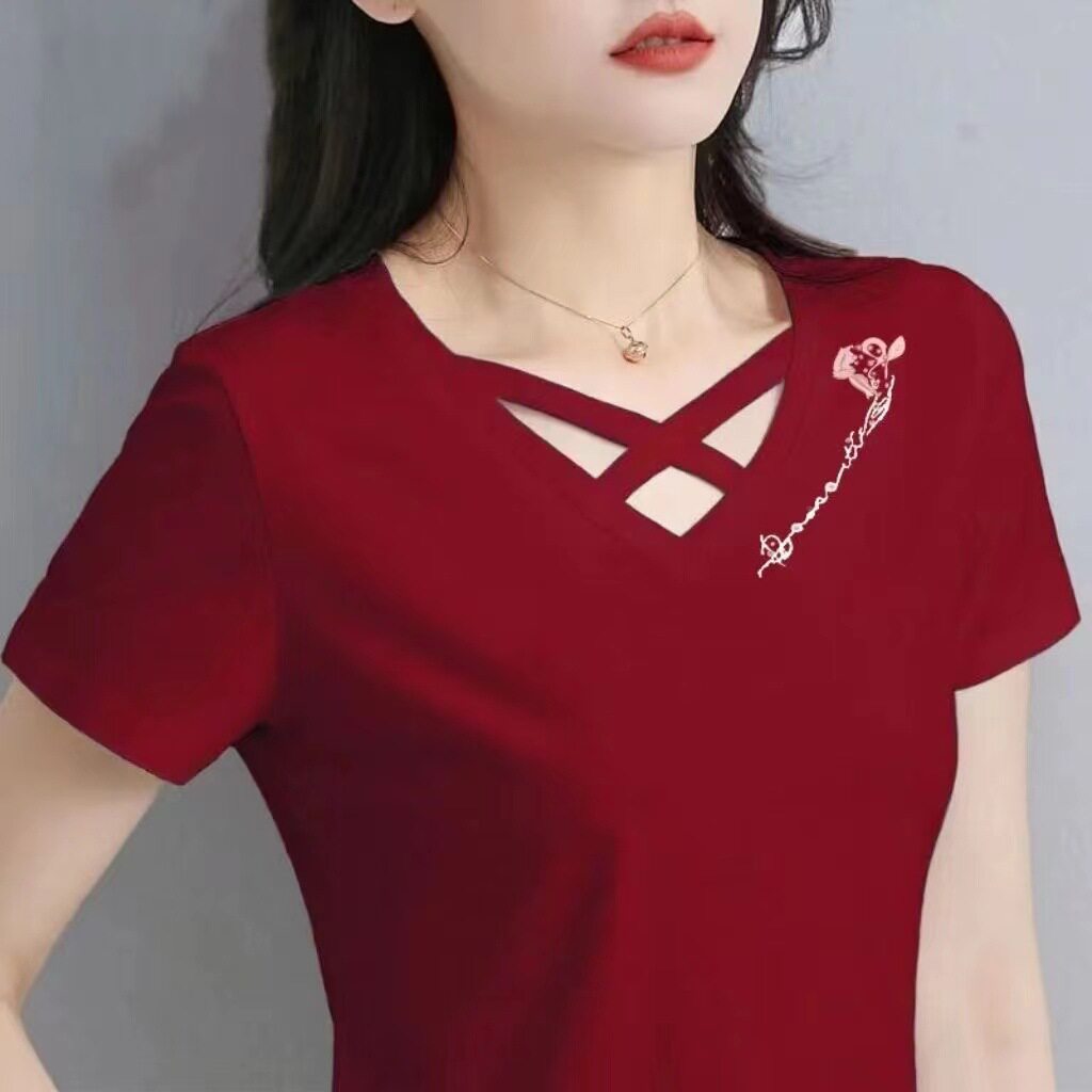 夏季新款V领交叉纯棉短袖2024中年人女士t恤宽松遮肚子运动上衣潮