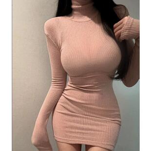 秋冬气质修身 显胸连衣短裙女 显身材高领紧身T恤裙百搭包臀打底衫