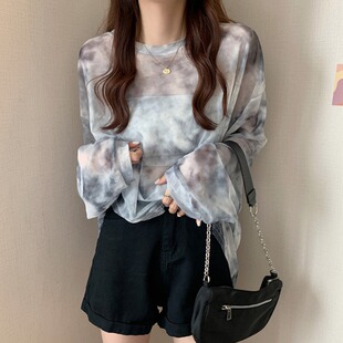 扎染网纱圆领防晒衣2022夏季新款韩版宽松设计感小众薄款长袖上衣