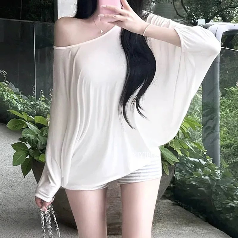 性感露锁骨薄透宽松长袖T恤女