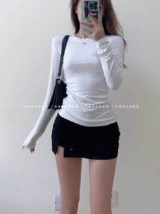 2023早秋女防晒简约长袖打底衫修身显瘦白色内搭圆领正肩百搭上衣