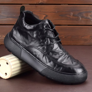 软皮轻便高帮男靴 皮鞋 秋冬新款 马丁靴男休闲英伦厚底黑色商务工装