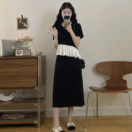 荷叶边假两件连衣裙大码女夏季