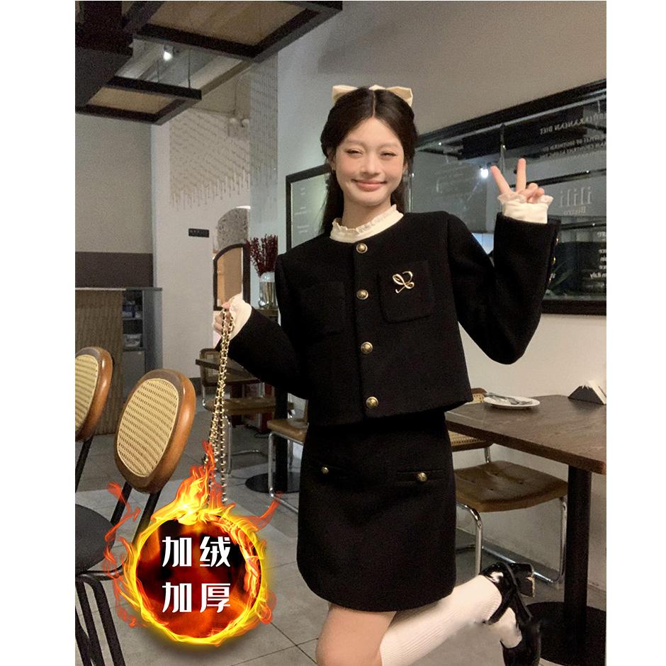 加绒小香风套装女秋冬新款黑色高级富家千金风早春装搭配一整套