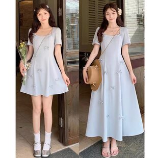 大码短袖连衣裙女夏季收腰气质小个子长裙胖MM法式蝴蝶结温柔裙子