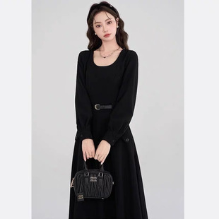 夏不晚法式复古赫本风连衣裙女秋季新款高级感气质小黑裙收腰长裙