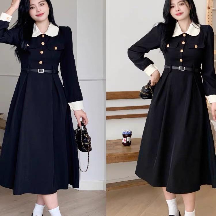 大码胖mm初秋翻领长袖连衣裙女