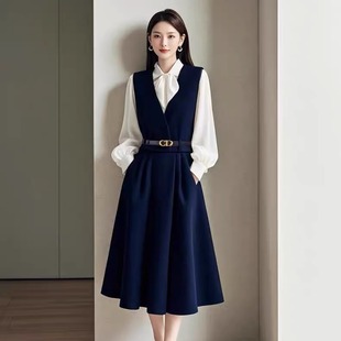 2025秋新款女装马甲拼接假两件连衣裙女士通勤高端知性优雅轻熟风