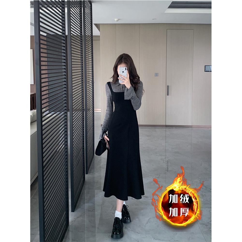假两件黑色加绒连衣裙子女秋冬
