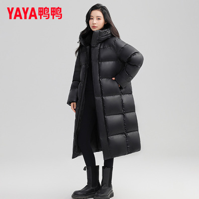 鸭鸭羽绒服长款过膝黑色时尚连帽