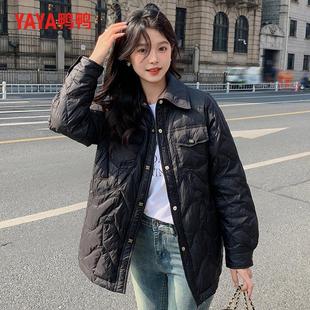 鸭鸭衬衫羽绒服女中长款2025新款牛仔拼接小香风时尚简约保暖外套