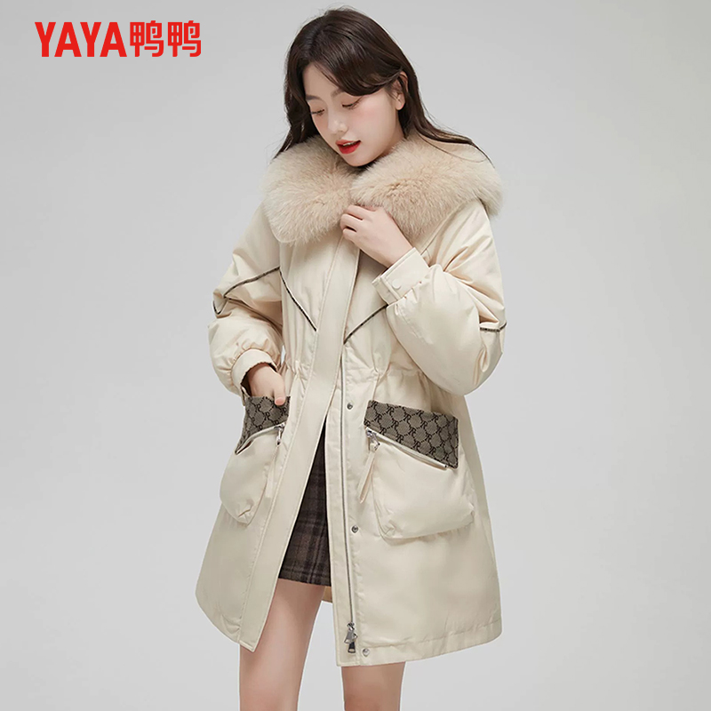 鸭鸭中长款羽绒服狐狸毛大毛领潮