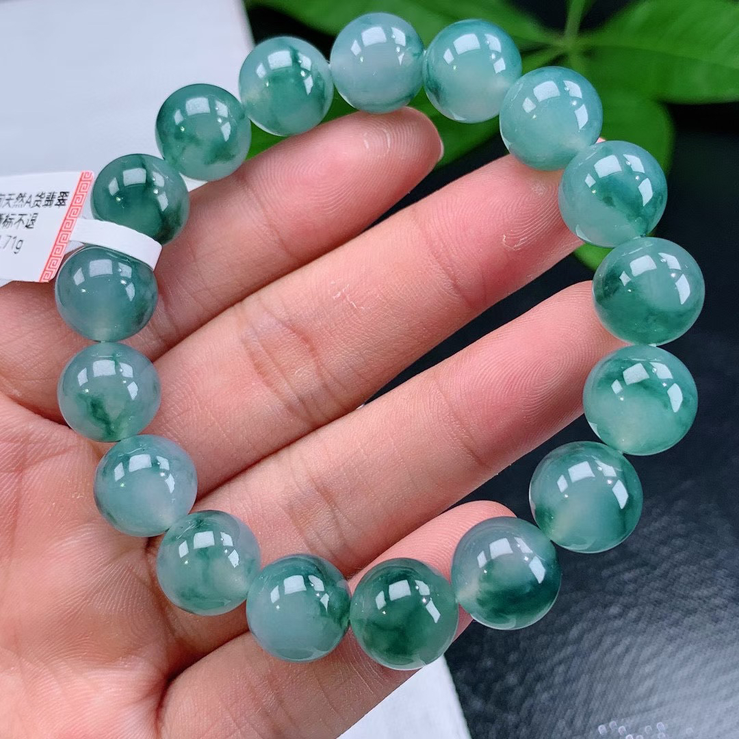 天然缅甸翡翠A货冰种飘花圆珠手串水润飘绿珠链卡12mm男女款手链